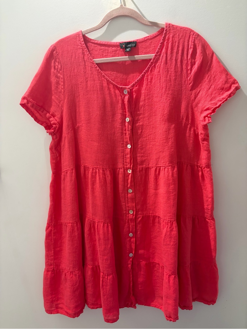 SOLD Carré Noir Italy 100% Linen Tiered Tunic Dress | Coral Button Front | XL - Picture 2 of 4